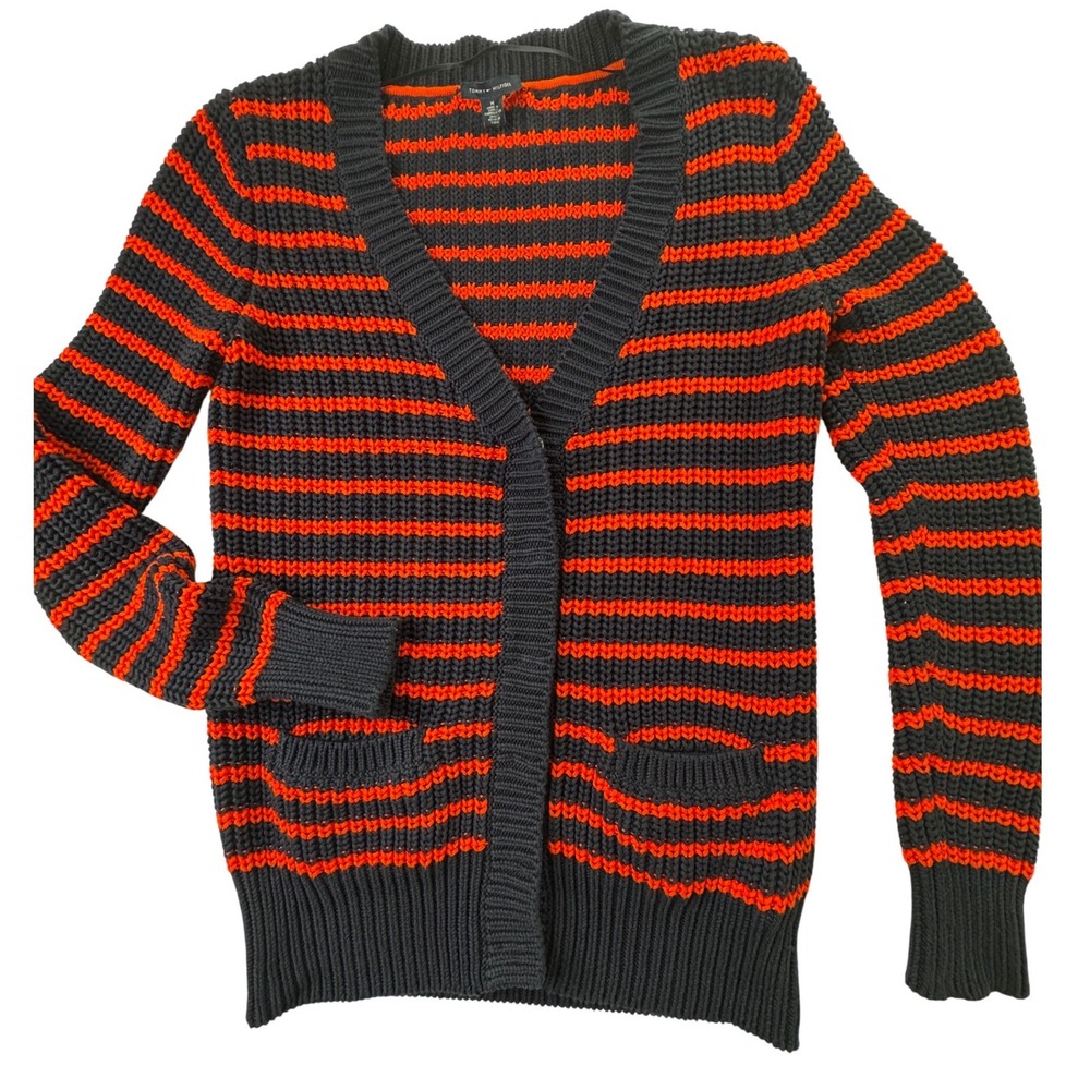 Tommy Hilfiger Womens Chunky Knit Cardigan Navy Red Snap Medium preppy academia
